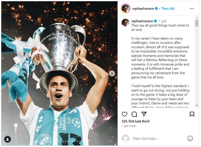 Bài đăng của Varane trên Instagram